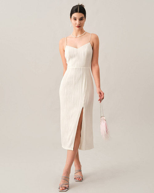 Wave-Texture Pearl-Strap Midi Dress