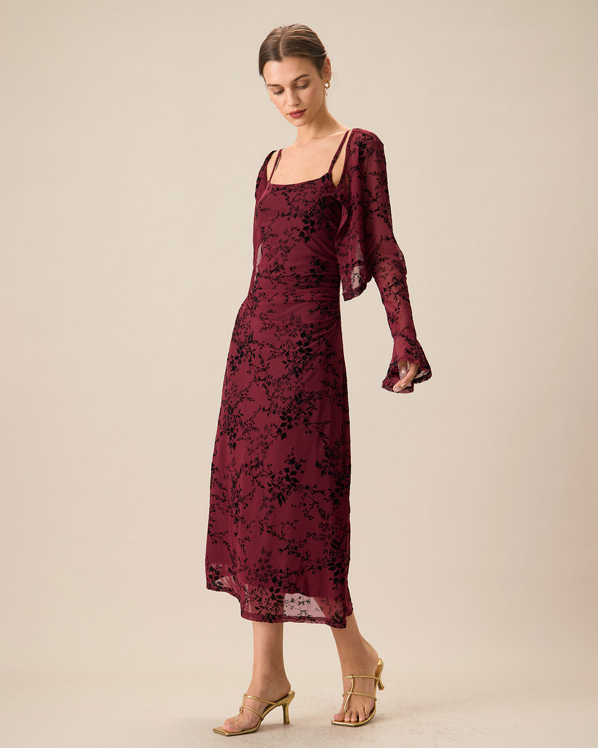 Red Floral Pattern Bodycon Slip Midi Dress