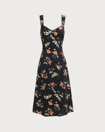 Black Floral Maxi Dress with Ruffles and Spaghetti Straps