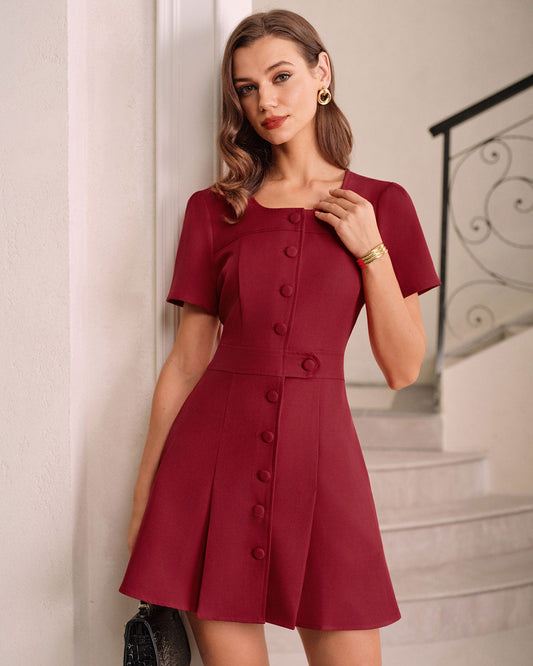 Red U-Neck A-Line Mini Dress